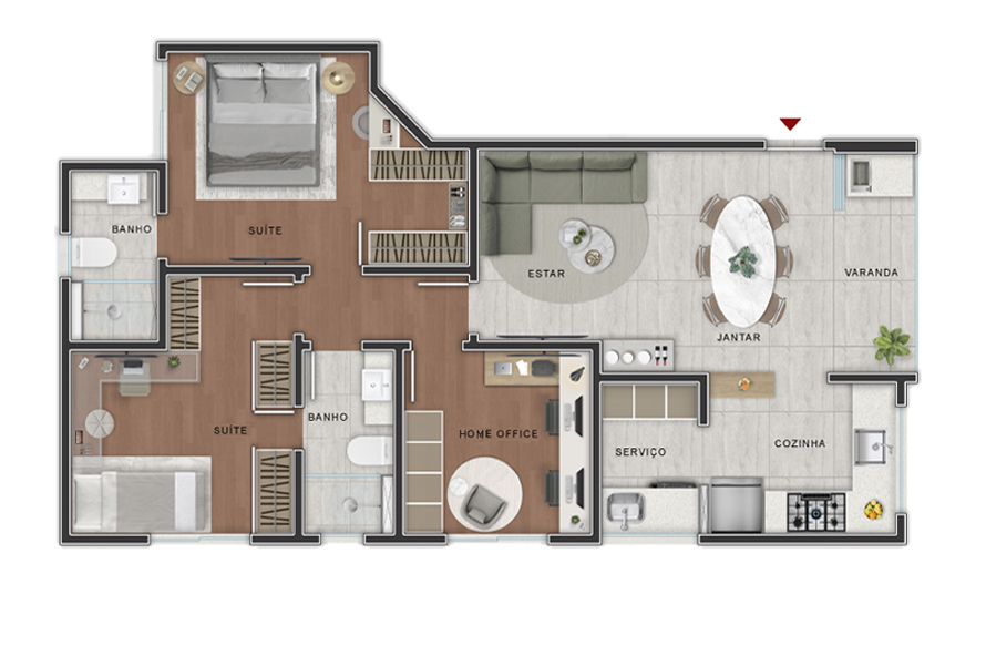5º ao 8º Pavimento - Apartamento Tipo 2 Quartos Home Office
