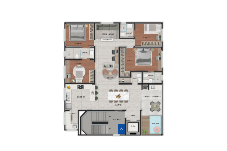 3 ao 5º Pvto - 2 Suítes e 2 Semi-suítes c/ Piscina