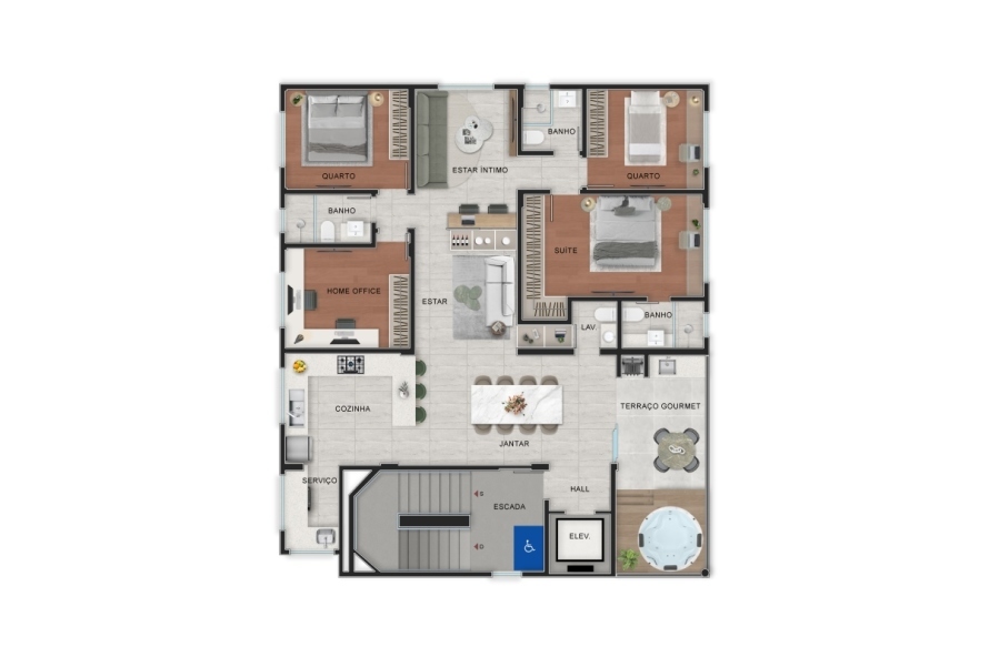 3 ao 5º Pvto - Opção Suíte + 2 Quartos + Home Office