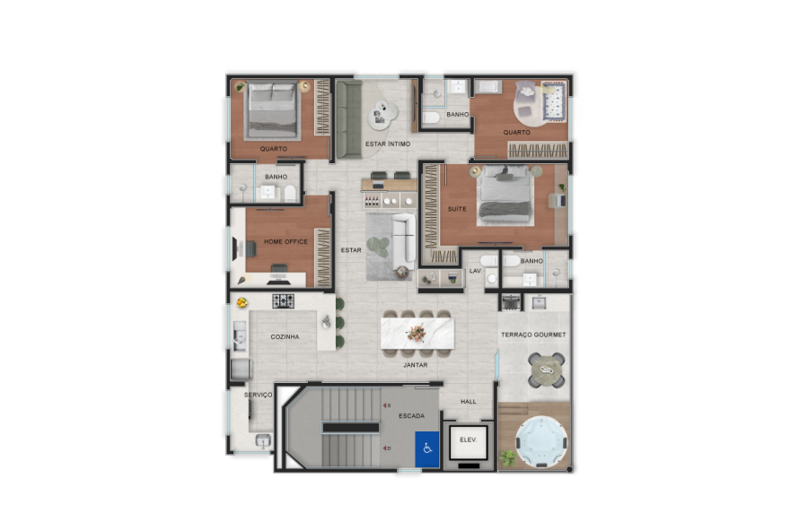 3 ao 5º Pvto - Opção 3 Suítes + Home Office