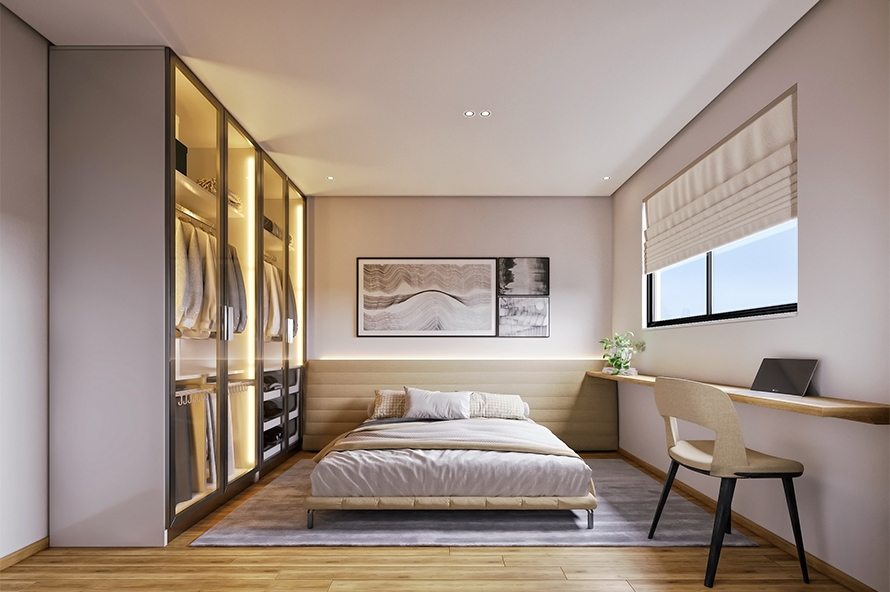 Perspectiva Suíte Jovem com Cama de Casal e Home Office